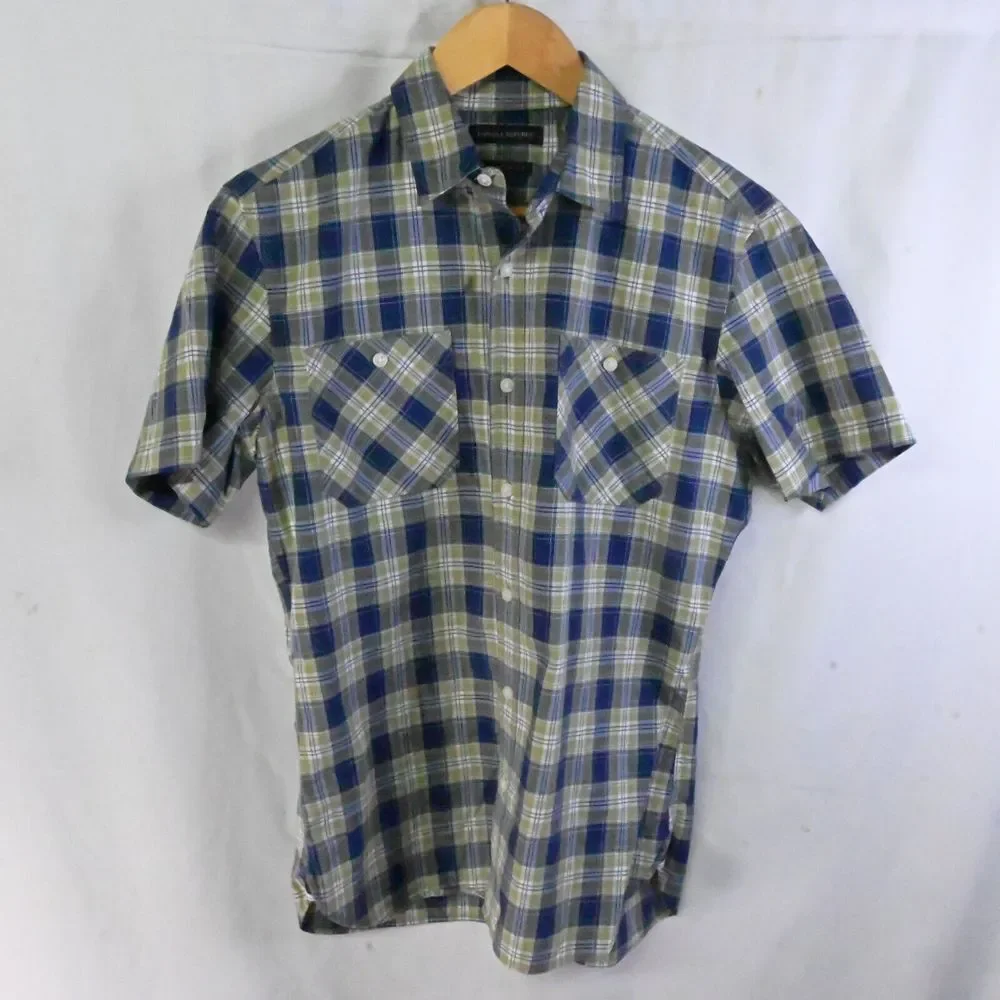 Banana Republic Small Blue Green Plaid‎ Camden Fit S/S Button Front Mens Shirt